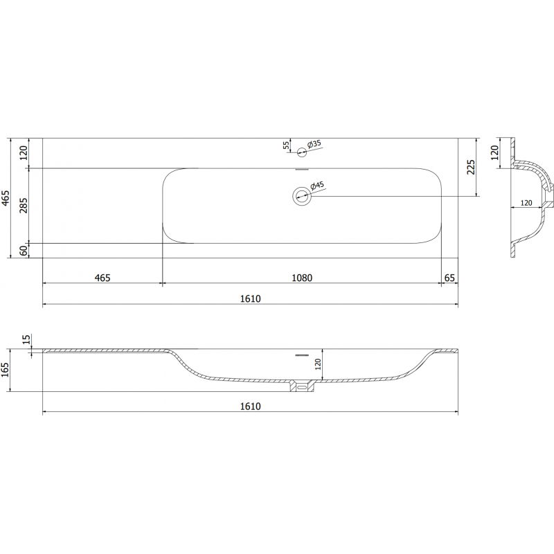 Mexen Vela chiuvetă încastrată în blat dreapta 161 x 46,5 cm, alb mat - 25231601P
