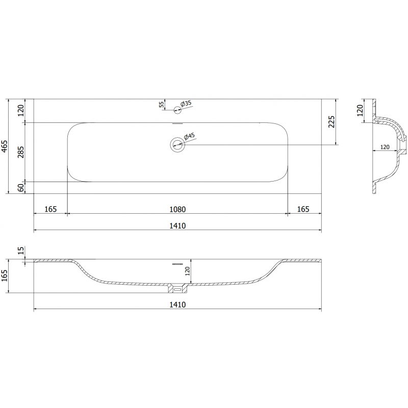 Mexen Vela munkalapba süllyesztett mosdókagyló 141 x 46,5 cm, fekete matt - 25231471