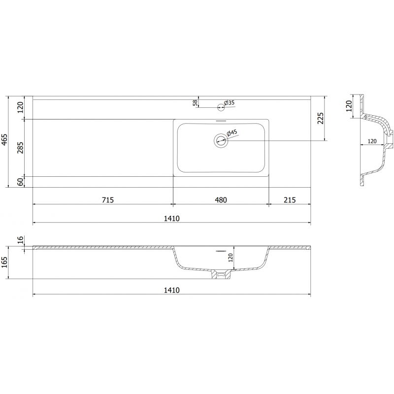 Mexen Otis chiuvetă încastrată în blat dreapta 141 x 46,5 cm, alb mat - 25181401P