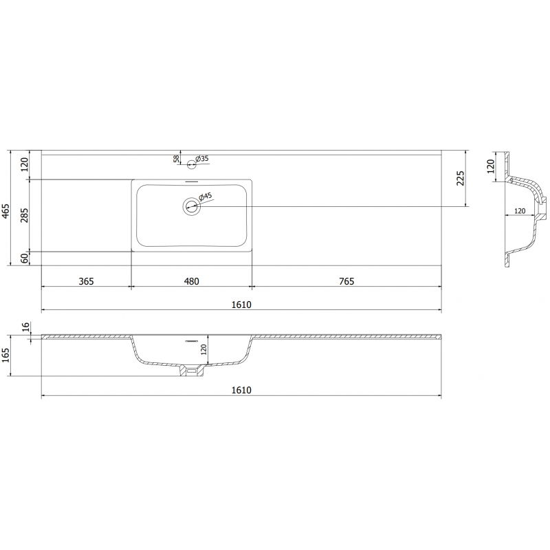 Mexen Otis chiuvetă încastrată în blat stânga 161 x 46,5 cm, alb lucios - 25181600L