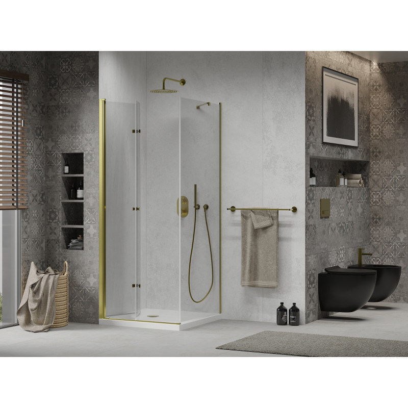 Mexen Lima 90 x 90 cm-es összecsukható zuhanykabin, átlátszó, arany + Flat zuhanytálca - 856-090-090-50-00-4010