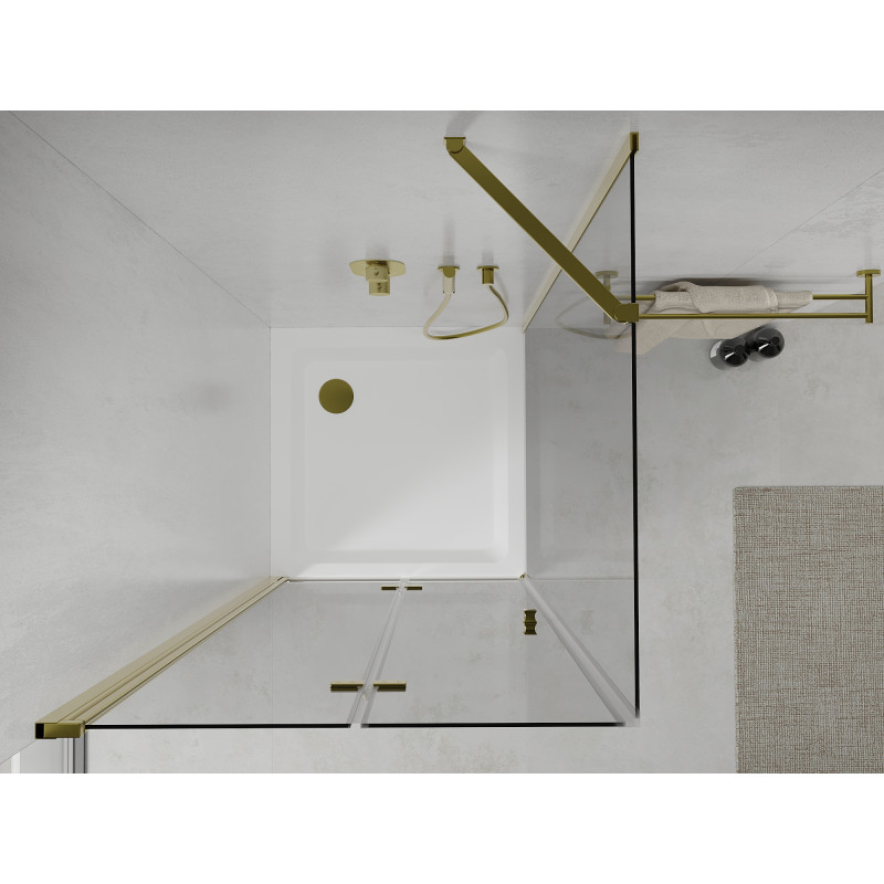Mexen Lima 90 x 90 cm-es összecsukható zuhanykabin, átlátszó, arany + Flat zuhanytálca - 856-090-090-50-00-4010
