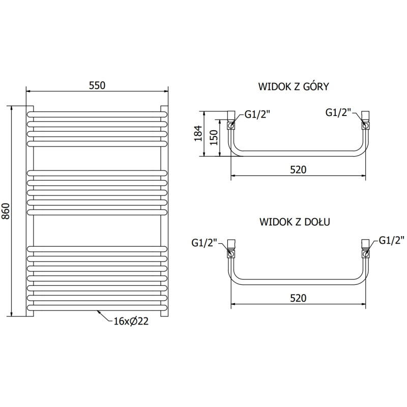 Mexen Apollo 860 x 550 mm-es fürdőszobai radiátor, 481 W, fekete - W117-0860-550-00-70