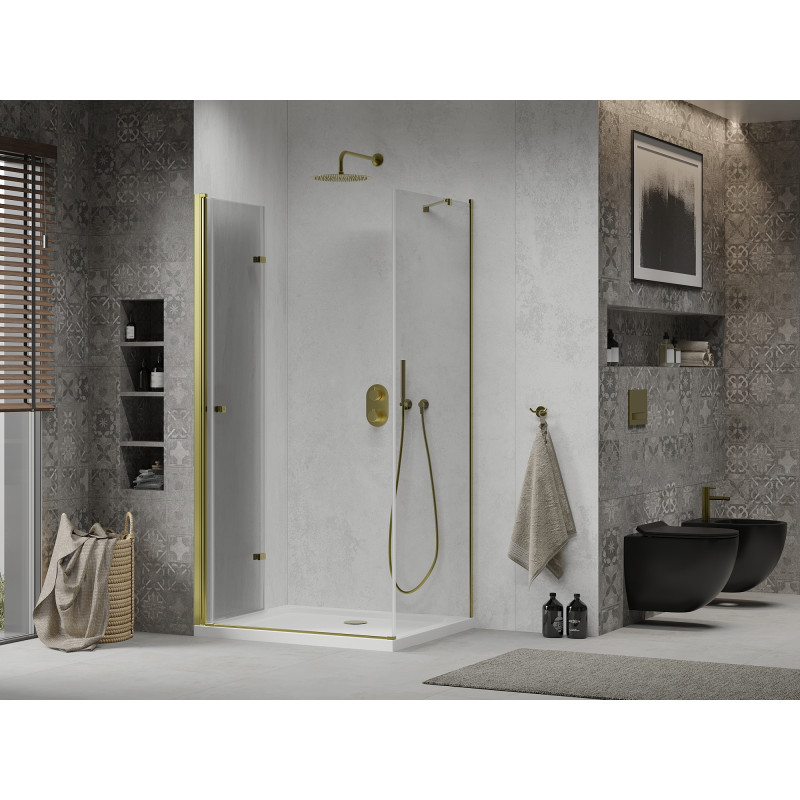 Mexen Lima cabina de duș pliabilă 70 x 80 cm, transparentă, aurie + cadă Flat - 856-070-080-50-00-4010