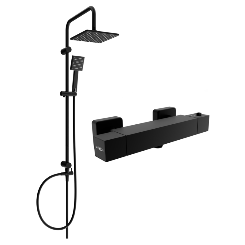 Mexen Tord set de duș cu pară de tip ploaie și baterie de duș termostatică Cube, Neagră - 77200200-70