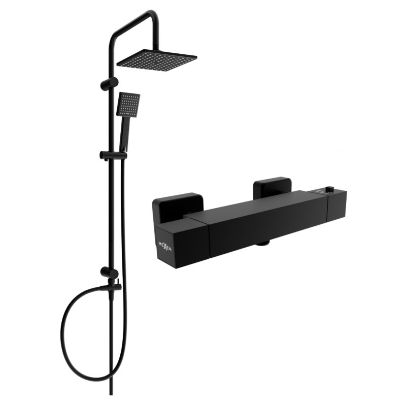 Mexen Tord set duș montat pe suprafață cu duș cu efect de ploaie și baterie de duș termostatică Cube, negru - 77200200-70