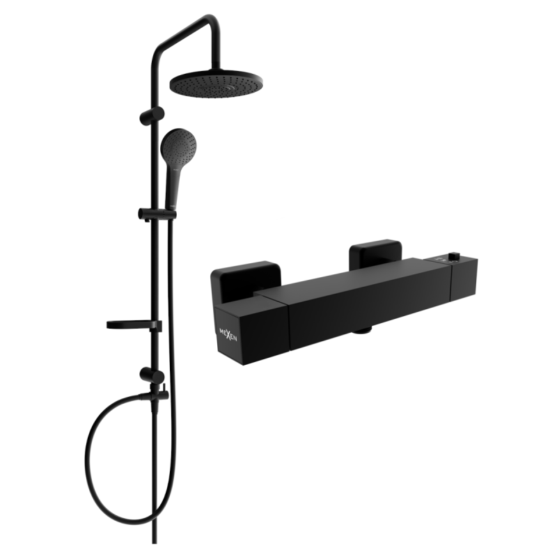 Mexen Erik set de duș suprapus cu duș de mână și baterie de duș termostatică Cube, negru - 77200205-70