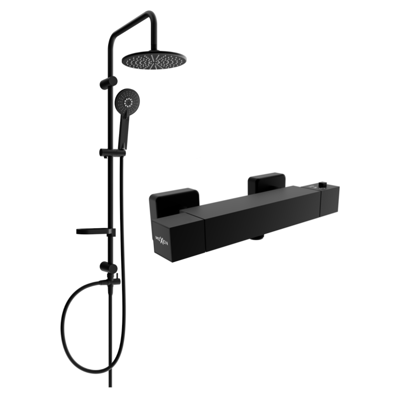 Mexen Carl set de duș aparent cu duș de ploaie și baterie de duș termostatică Cube, negru - 77200240-70