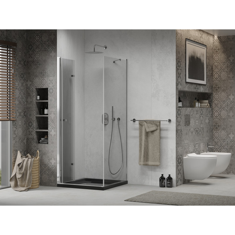 Mexen Lima összecsukható zuhanykabin 90 x 90 cm, átlátszó, króm + Flat tálca, fekete - 856-090-090-01-00-4070