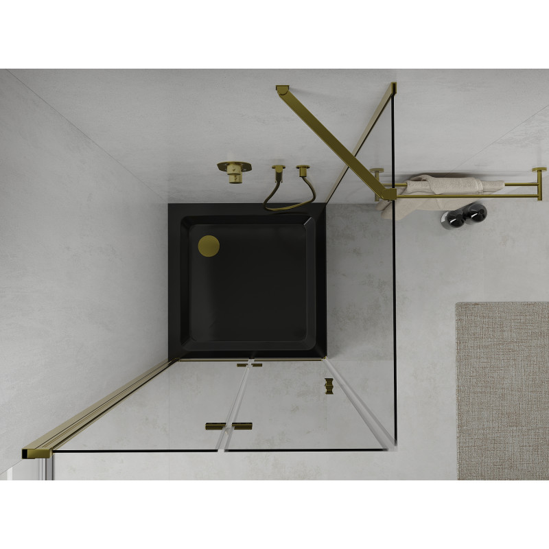 Mexen Lima összecsukható zuhanykabin 90 x 90 cm, átlátszó, arany + fekete Flat zuhanytálca - 856-090-090-50-00-4070G