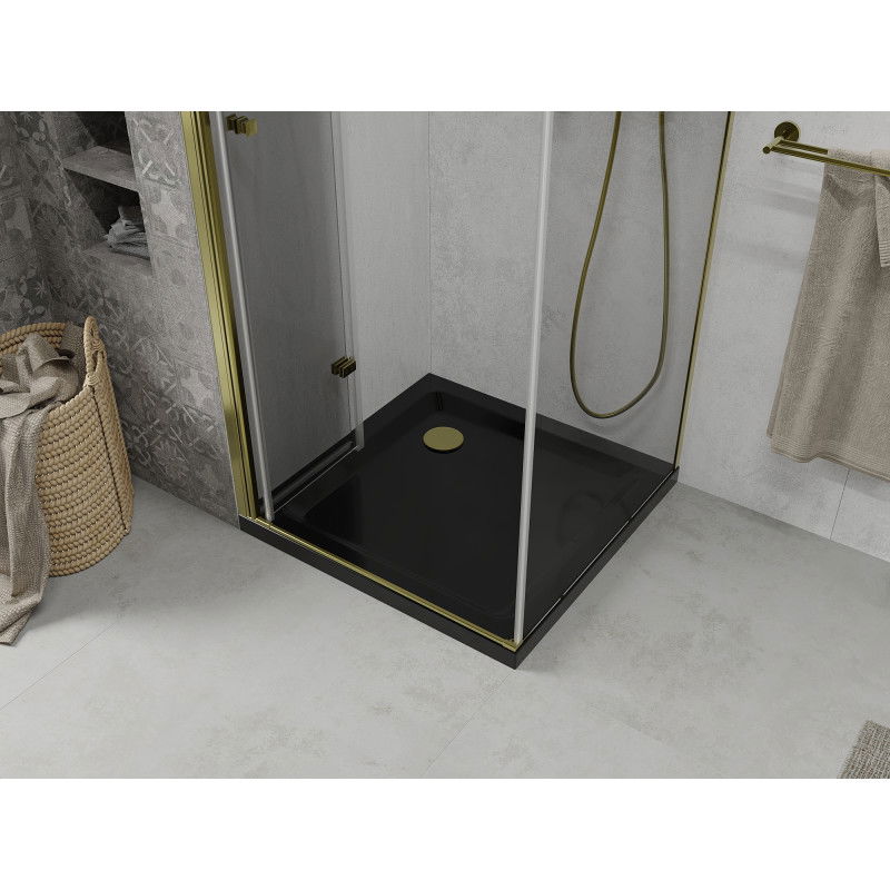 Mexen Lima cabina de duș pliabilă 90 x 90 cm, transparentă, aurie + cadă de duș Flat, neagră - 856-090-090-50-00-4070G