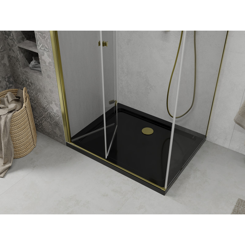 Mexen Lima cabina de duș pliabilă 90 x 100 cm, transparentă, aurie + cadă de duș Flat, neagră - 856-090-100-50-00-4070G