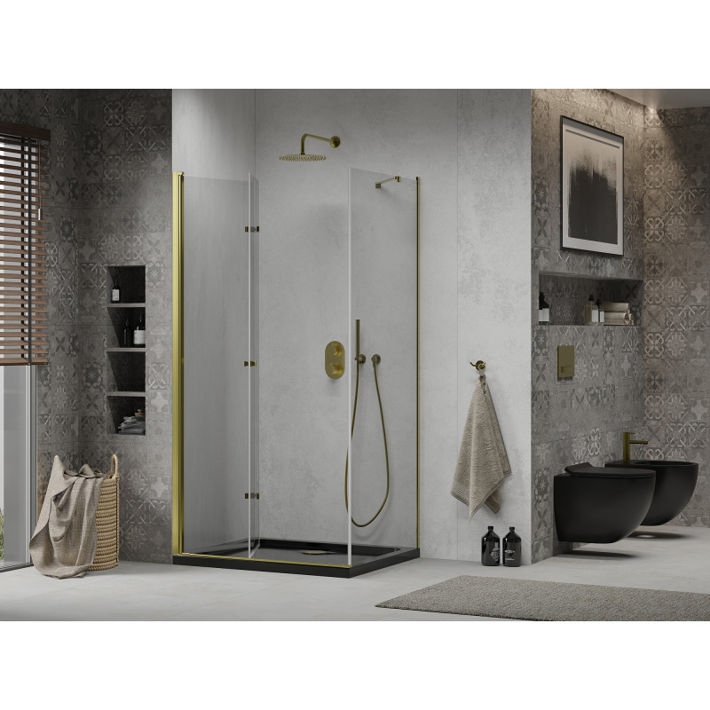 Mexen Lima cabina de duș pliabilă 90 x 100 cm, transparentă, aurie + cadă de duș Flat, neagră - 856-090-100-50-00-4070G