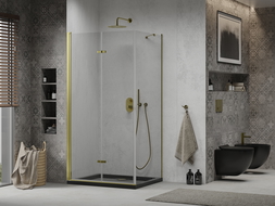Mexen Lima cabină de duș pliabilă 100 x 90 cm, transparent, Aurie + cadă de duș Flat, Neagră - 856-100-090-50-00-4070G