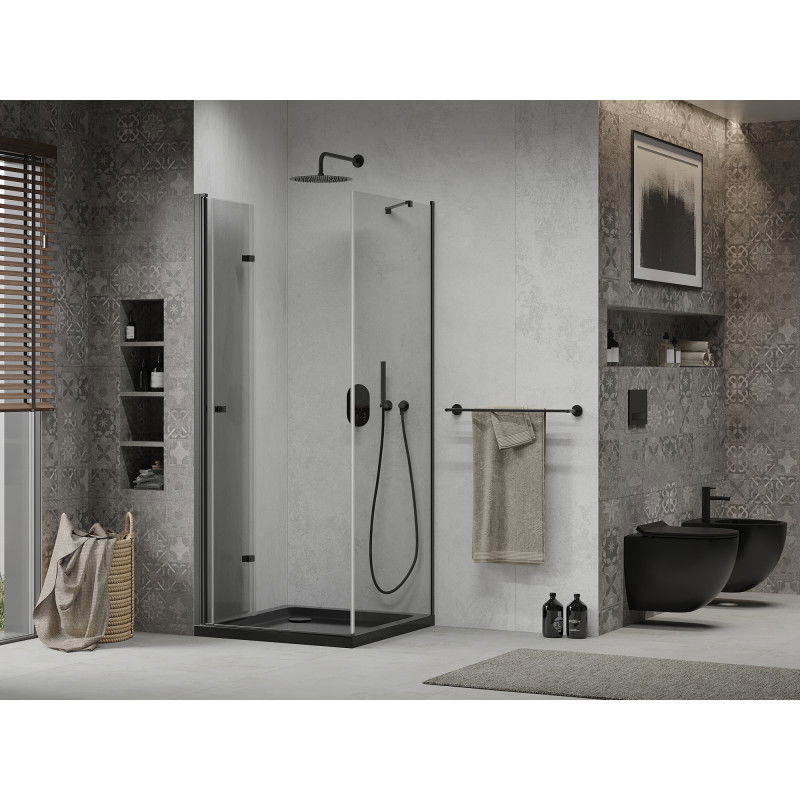 Mexen Lima 90 x 90 cm összecsukható zuhanykabin, átlátszó, fekete + Flat, fekete zuhanytálca - 856-090-090-70-00-4070B