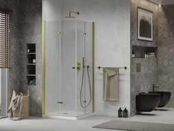 Mexen Lima Cabină de duș Duo pliabilă 90 x 90 cm, transparent, auriu + cădiță Flat - 856-090-090-50-02-4010G