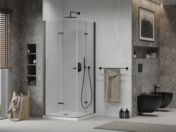 Mexen Lima Duo cabină de duș pliabilă 80 x 80 cm, transparent, Neagră + cadă de duș Flat - 856-080-080-70-02-4010B