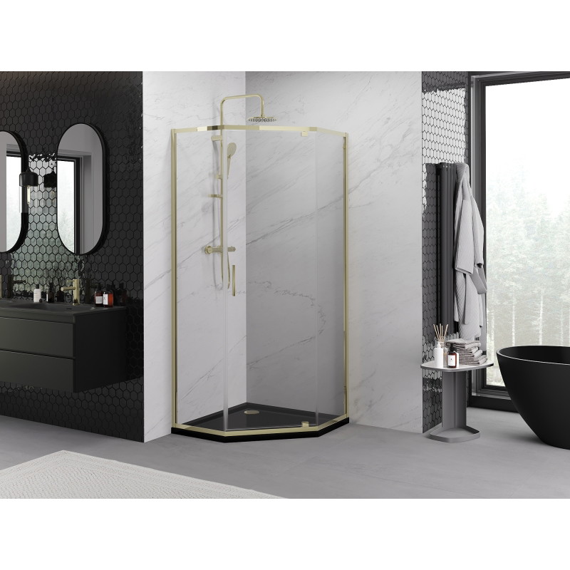 Mexen Exo-R cabină de duș pentagonală cu ușă oscilantă 80 x 80 cm, transparentă, aurie - 812-080-080-50-00