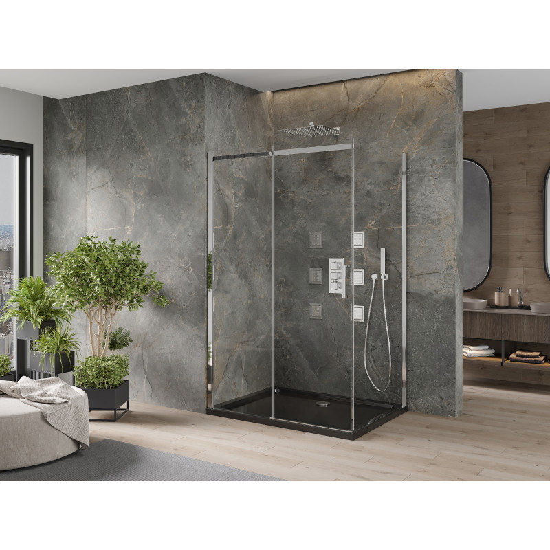 Mexen Omega 100 x 80 cm tolóajtós zuhanykabin, átlátszó, króm + Flat zuhanytálca, fekete - 825-100-080-01-00-4070
