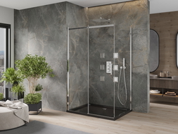 Mexen Omega 120 x 80 cm tolóajtós zuhanykabin, átlátszó, króm + Flat zuhanytálca, fekete - 825-120-080-01-00-4070