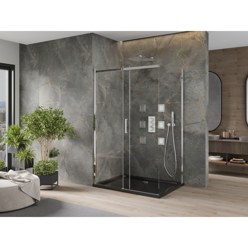 Mexen Omega cabina de duș glisantă 120 x 90 cm, transparentă, crom + cadă Flat, neagră - 825-120-090-01-00-4070