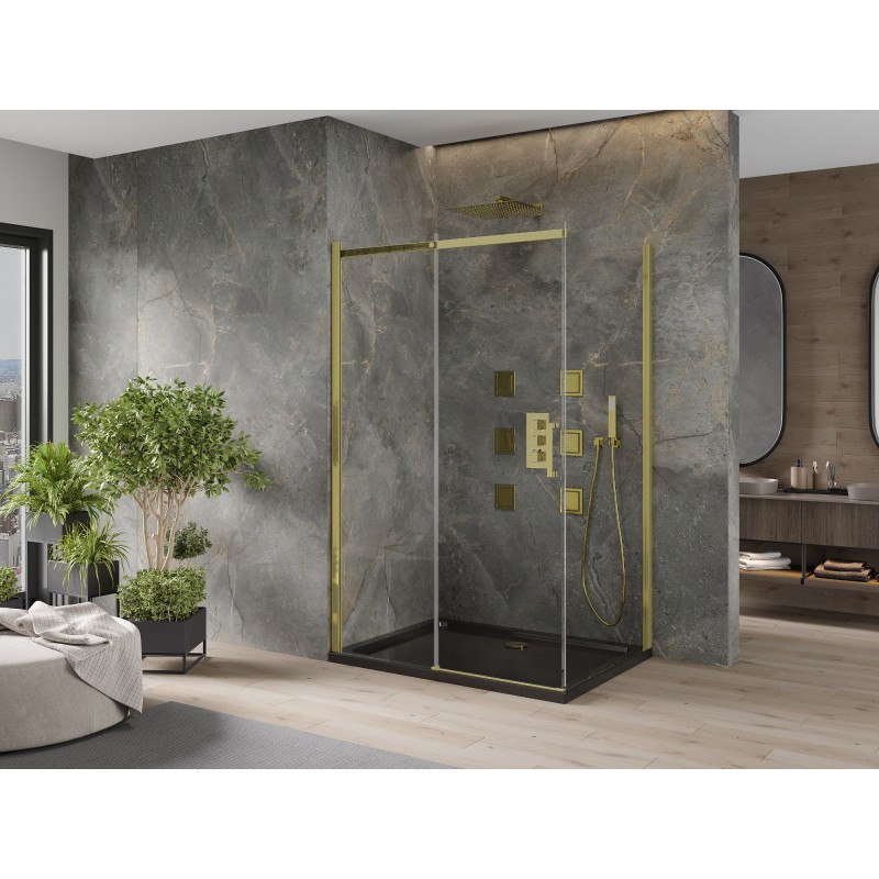Mexen Omega cabina de duș glisantă 100 x 90 cm, transparentă, aurie + tavă Flat, neagră - 825-100-090-50-00-4070G