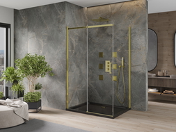 Mexen Omega cabină de duș extensibilă 100 x 90 cm, transparent, Aurie + cadă de duș Flat, Neagră - 825-100-090-50-00-4070G