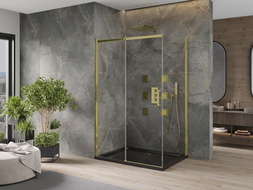 Mexen Omega tolóajtós zuhanykabin 100 x 90 cm, Átlátszó, Arany + zuhanytálca Flat, Fekete - 825-100-090-50-00-4070G