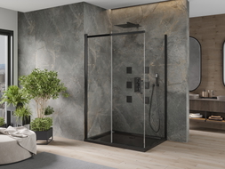 Mexen Omega elcsúsztatható zuhanykabin 120 x 90 cm, átlátszó, fekete + Flat zuhanytálca, fekete - 825-120-090-70-00-4070B
