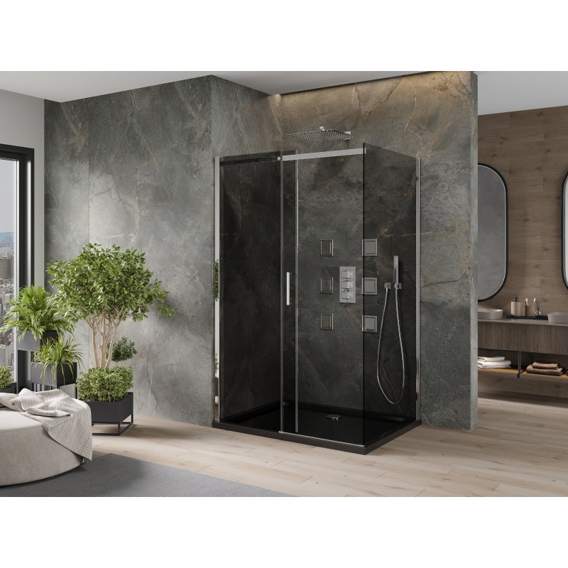 Mexen Omega 120 x 80 cm-es, grafit, króm tolóajtós zuhanykabin + Flat fekete zuhanytálca - 825-120-080-01-40-4070