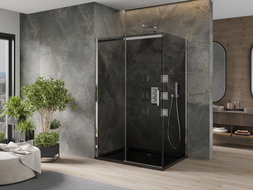 Mexen Omega 120 x 90 cm-es tolóajtós zuhanykabin, grafit, króm + Flat zuhanytálca, fekete - 825-120-090-01-40-4070
