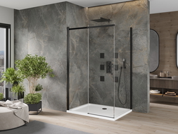 Mexen Omega cabină de duș extensibilă 110 x 70 cm, transparent, Neagră + cadă de duș Flat, Albă - 825-110-070-70-00-4010B