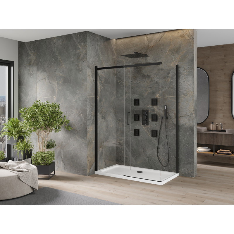 Mexen Omega 130 x 70 cm-es tolóajtós zuhanykabin, átlátszó, fekete + Flat zuhanytálca, fehér - 825-130-070-70-00-4010B