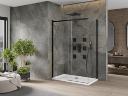 Mexen Omega 130 x 70 cm-es tolóajtós zuhanykabin, átlátszó, fekete + Flat zuhanytálca, fehér - 825-130-070-70-00-4010B