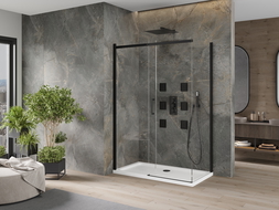 Mexen Omega cabină de duș extensibilă 130 x 70 cm, transparent, Neagră + cadă de duș Flat, Albă - 825-130-070-70-00-4010B