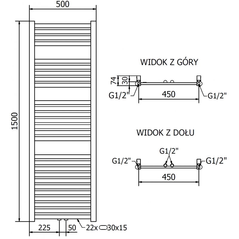 Mexen Hades fürdőszobai radiátor 1500 x 500 mm, 555 W, arany - W104-1500-500-00-50