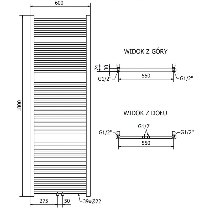 Mexen Mars fürdőszobai radiátor 1800 x 600 mm, 752 W, arany - W110-1800-600-00-50