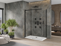 Mexen Omega 140 x 80 cm tolóajtós zuhanykabin, áttetsző, fekete + Flat zuhanytálca, fehér - 825-140-080-70-00-4010B