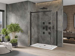 Mexen Omega cabină de duș extensibilă 140 x 80 cm, transparent, Neagră + cadă de duș Flat, Albă - 825-140-080-70-00-4010B