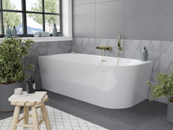 Mexen Mia cadă de baie freestanding de colț stânga 140 x 75 cm, albă, preaplin auriu periat - 52691407500L-55