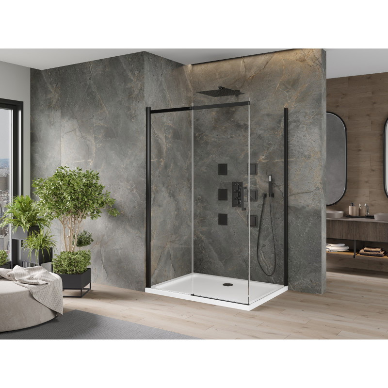 Mexen Omega cabina de duș glisantă 140 x 100 cm, transparentă, neagră + cadă de duș Flat, albă - 825-140-100-70-00-4010B