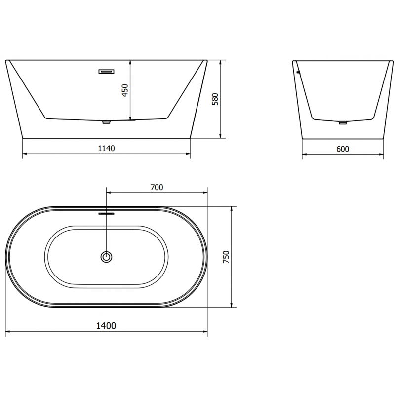 Mexen Luna cadă freestanding 140 x 75 cm, alb/negru, preaplin aur roz - 52031407575-60