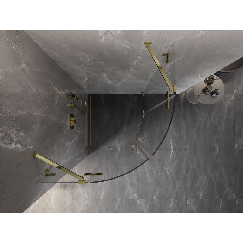 Mexen Lunar cabină de duș semirotundă pivotantă 90 x 90 cm, transparentă, aurie - 833-090L-090P-50-00