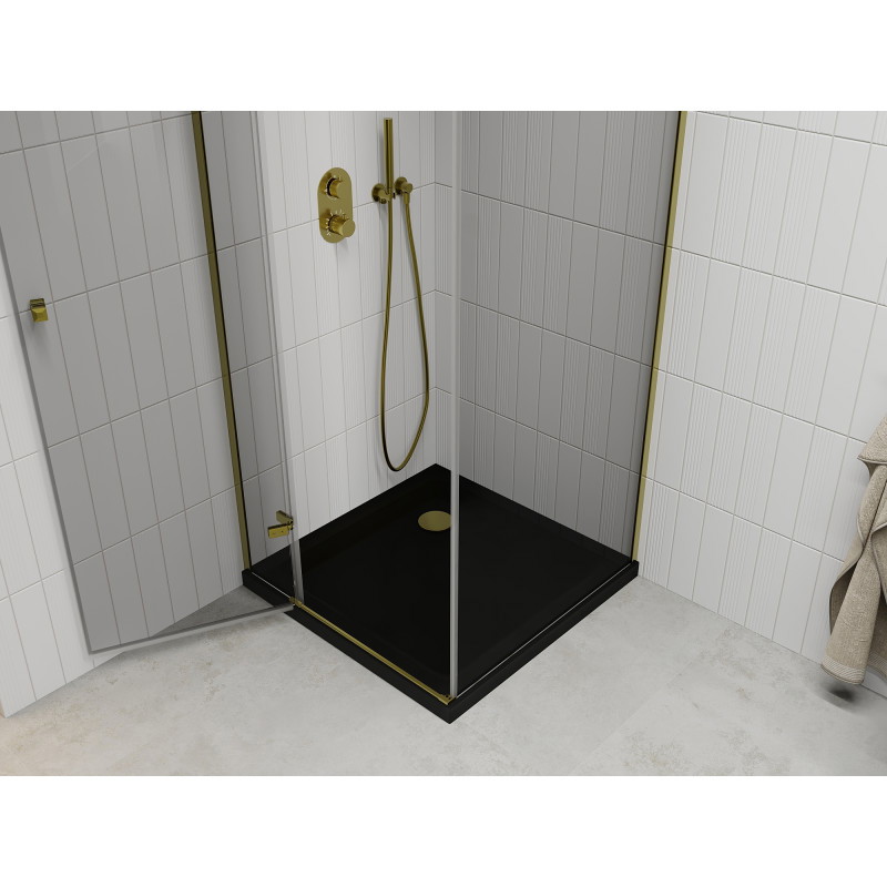 Mexen Roma cabina de duș cu ușă batantă 90 x 90 cm, transparentă, aurie + cădiță Flat, neagră - 854-090-090-50-00-4070G