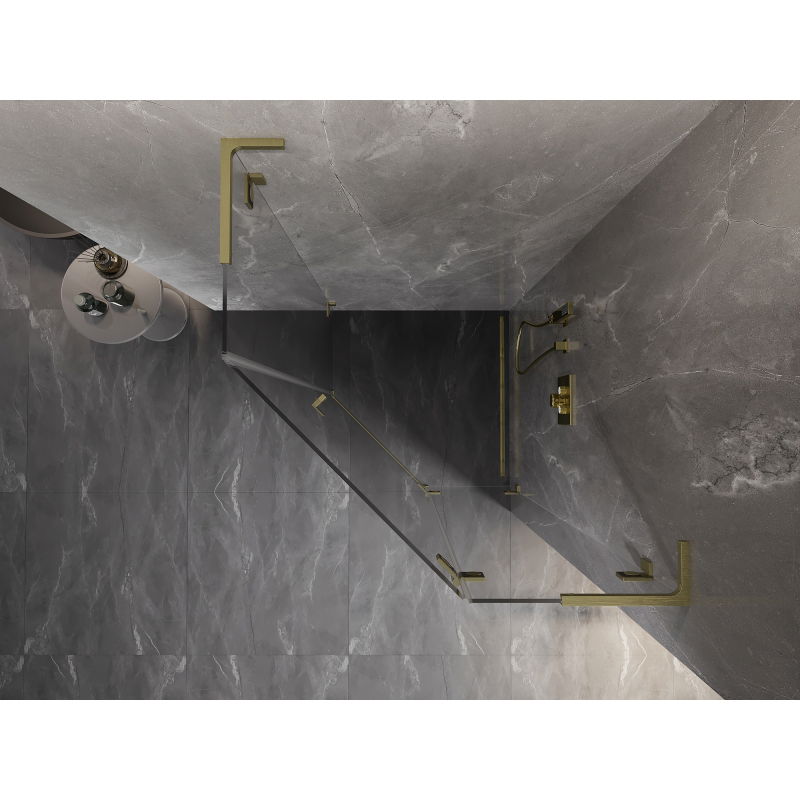 Mexen Lunar L cabină de duș pentagonală batantă dreapta 90 x 90 cm, transparentă, aurie periată - 831L-090P-090L-55-00-P
