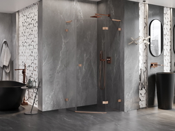 Mexen Lunar L ötszögletű zuhanykabin jobbos nyíló ajtóval 90 x 90 cm, átlátszó, kefélt réz - 831L-090P-090L-65-00-P