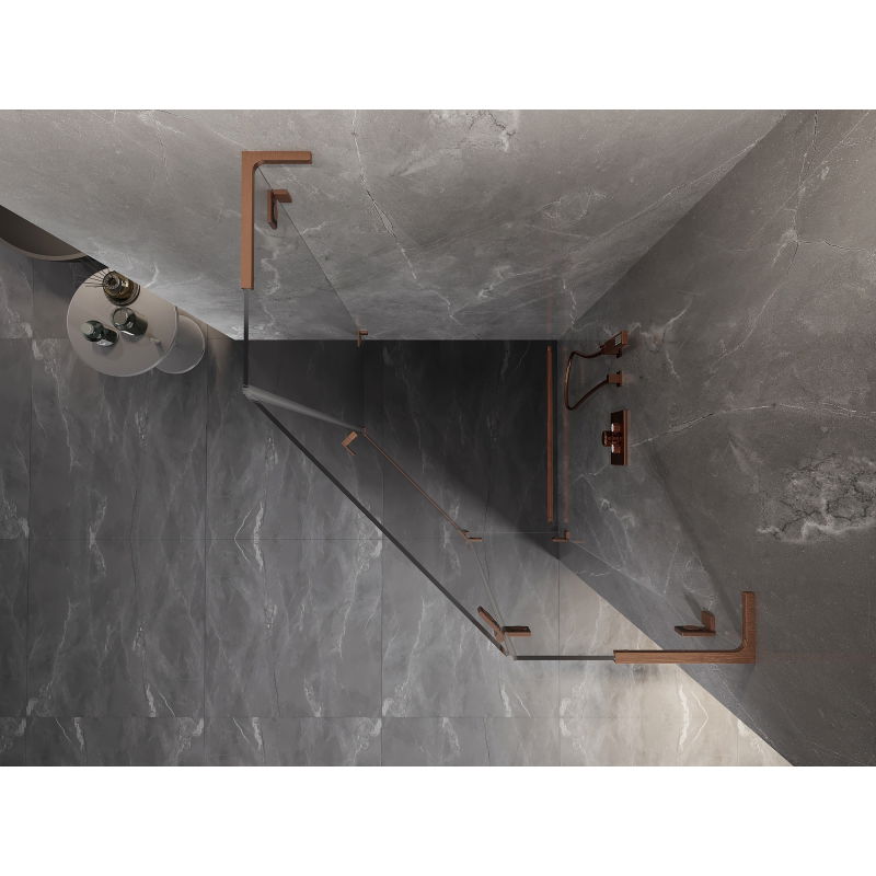 Mexen Lunar L ötszögletű zuhanykabin jobbos nyíló ajtóval 90 x 90 cm, átlátszó, kefélt réz - 831L-090P-090L-65-00-P