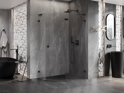 Mexen Lunar L cabină de duș pentagonală cu deschidere dreapta 90 x 80 cm, transparentă, neagră - 831L-090P-080L-70-00-P