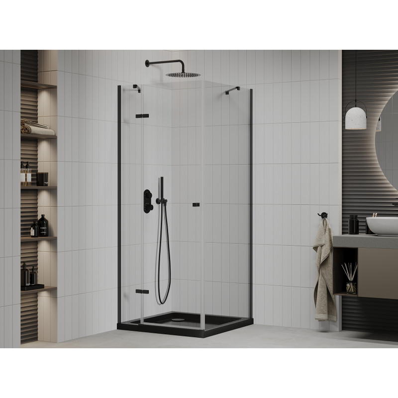 Mexen Roma cabină de duș cu deschidere de 80 x 80 cm, transparentă, neagră + cadă Flat, neagră - 854-080-080-70-00-4070B
