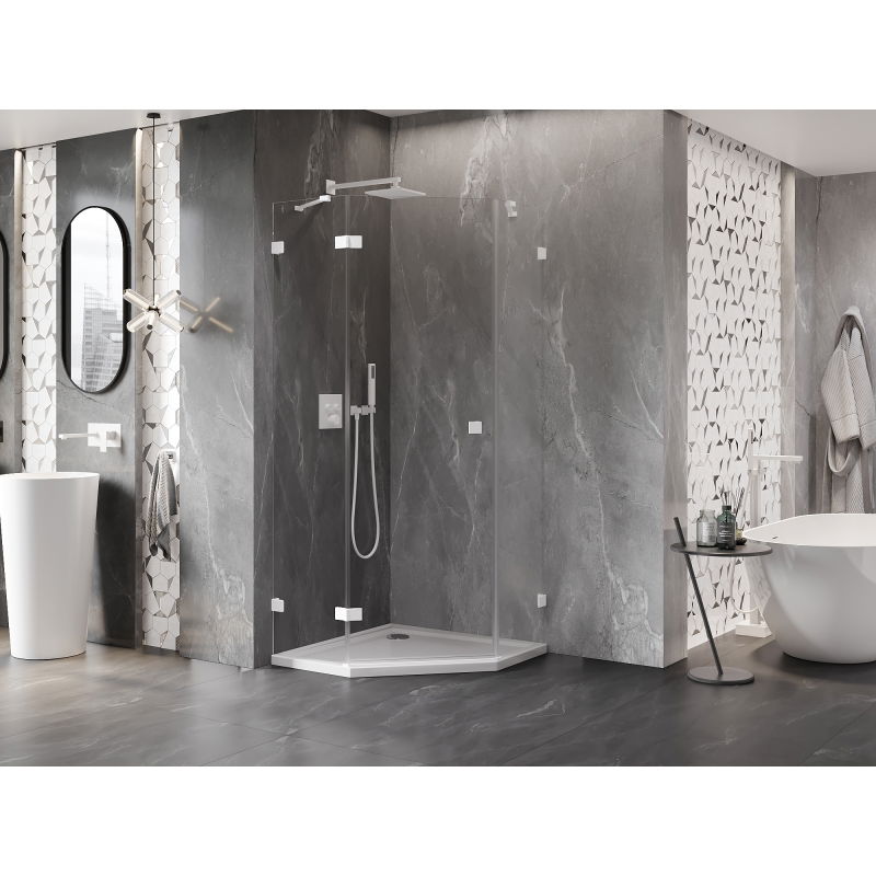 Mexen Lunar cabină de duș pentagonală cu ușă batantă stânga 90 x 90 cm, transparentă, albă - 831-090L-090P-20-00-L